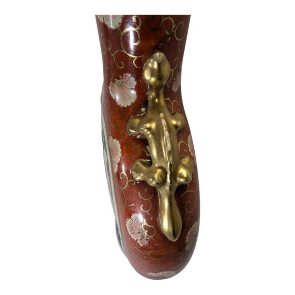 Vintage Chinese Moon Flask Vase With Gilt Dragon Handles & Floral Motif - Picture 3 of 12